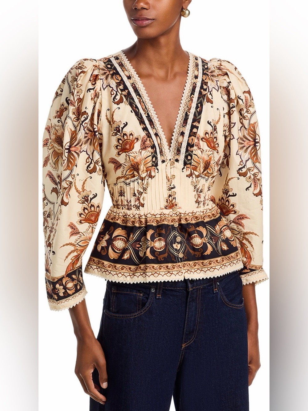 FARM RIO Majestic Garden Lace Puff Sleeve Cotton Top. Size Small